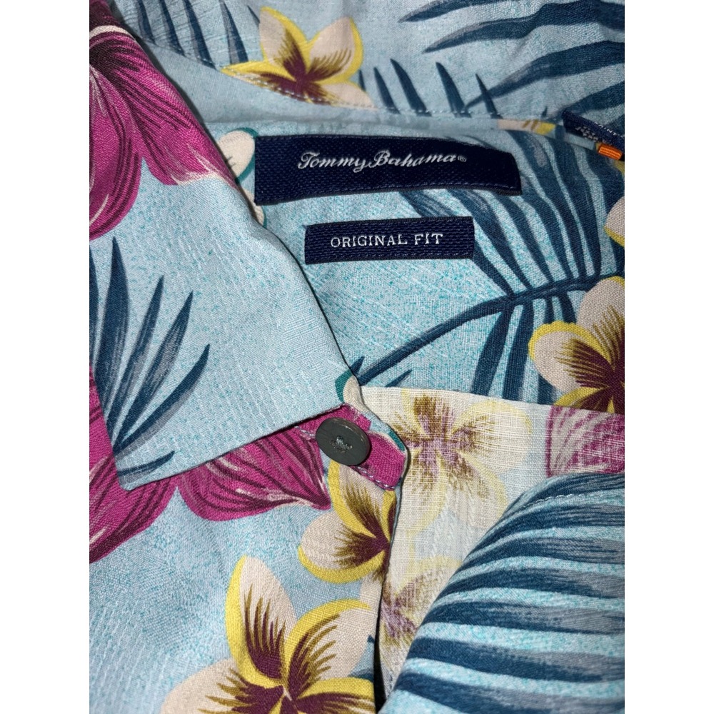 Tommy Bahama Mens 3XL Blue Silk Blend Tropical Floral Palm Camp Shirt Hawaiian